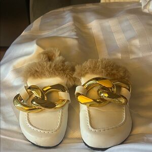 Women Gold and Cream Fur-Lined Loafers